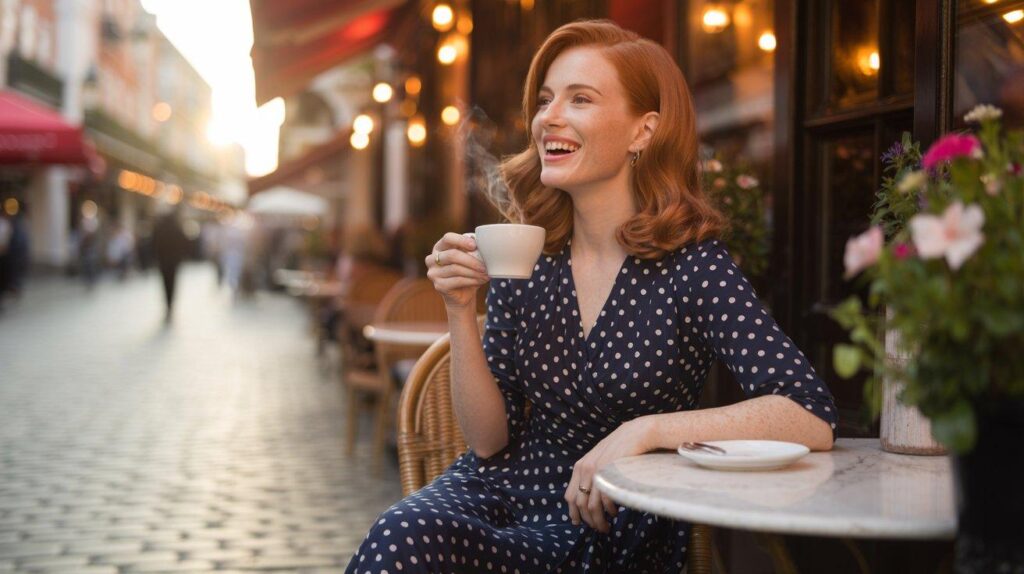 Woman in navy polka dot wrap dress at European café during golden hour - midi style