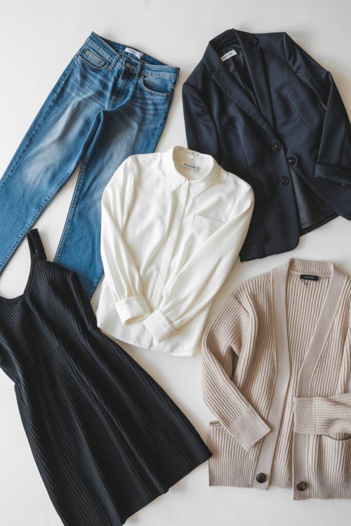 Minimalist capsule wardrobe essentials flat lay with jeans, blazer, and neutral basics on white background