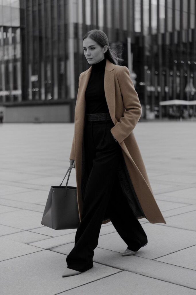 Minimalist winter fashion with wool coat and wide-leg trousers