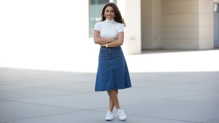 Modern denim skirt outfit styled with white turtleneck and sneakers for contemporary look
