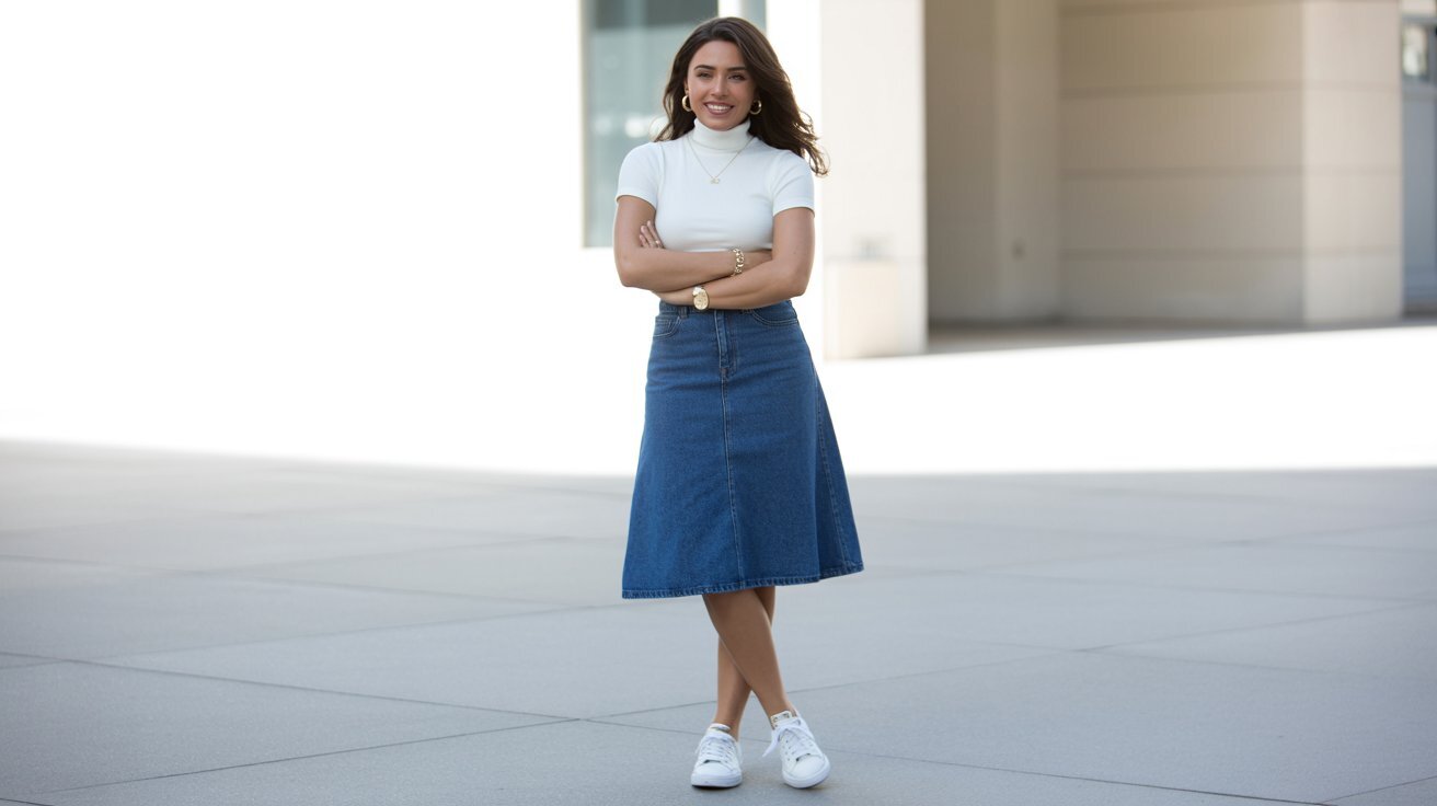 Modern denim skirt outfit styled with white turtleneck and sneakers for contemporary look