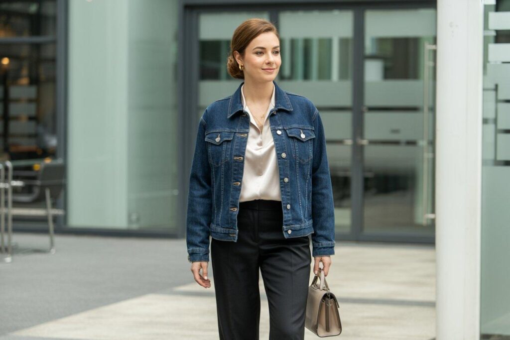 Professional denim jacket office outfit with silk blouse and dress pants business attire