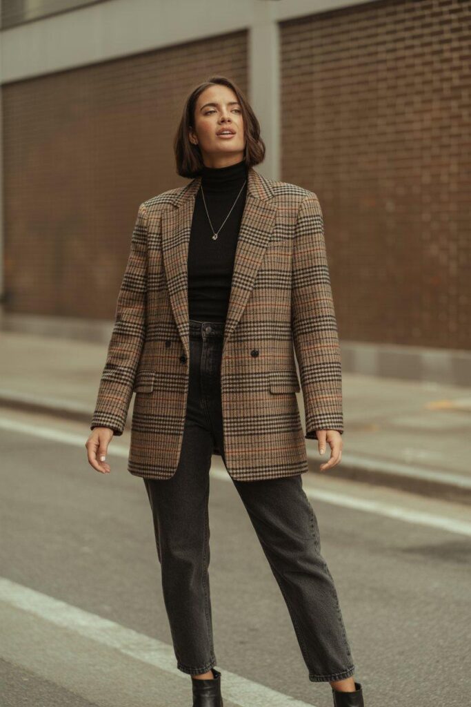 Brown plaid blazer styled with black turtleneck for modern fall fashion trend