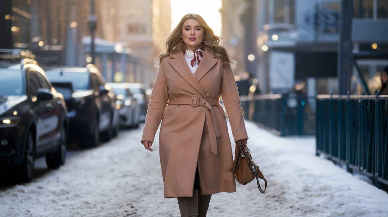 Plus size woman in camel wrap coat winter street fashion with boots