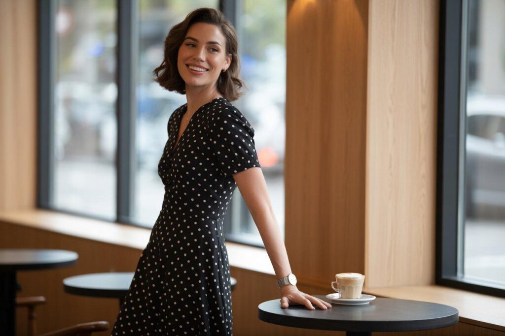 Chic woman in black polka dot midi dress at trendy café - effortless style inspiration