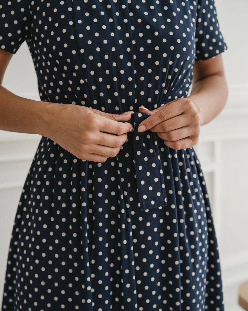 Close-up of navy polka dot dress fit and silhouette - proper dress fitting details