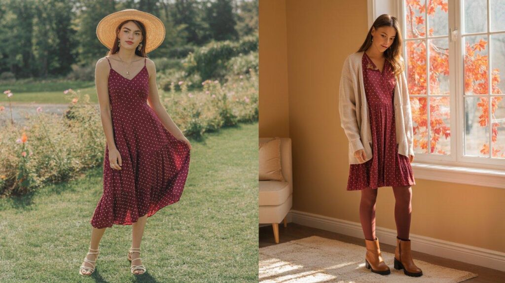 Burgundy polka dot dress styled for summer and fall seasons - versatile styling
