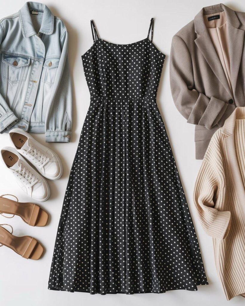 Polka dot dress styling options with accessories - casual to formal combinations flatlay