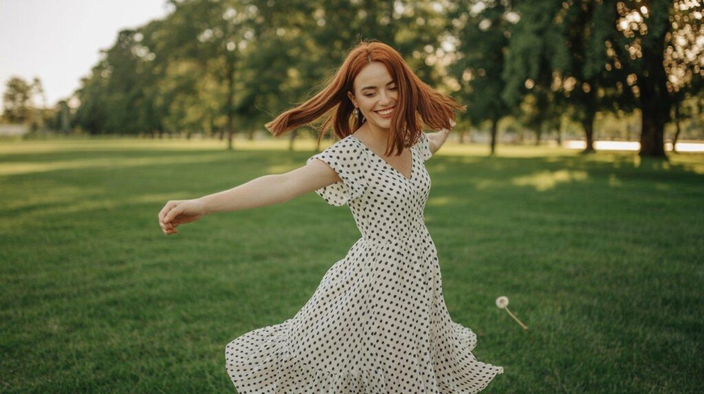 Joyful woman twirling in white polka dot dress in sunny park - effortless chic style