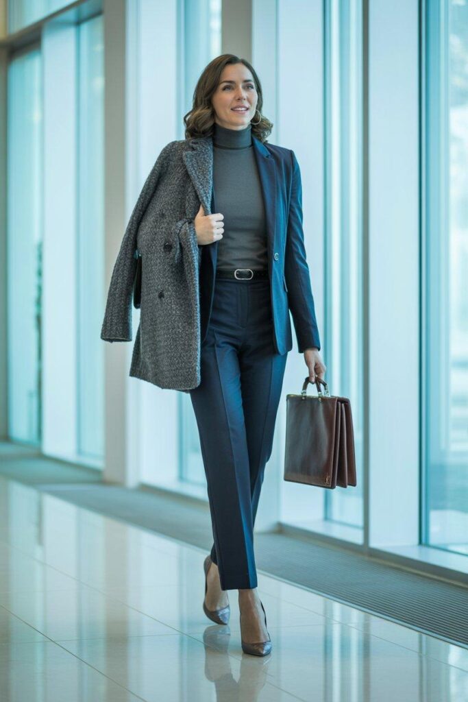 Professional woman in navy blazer and charcoal turtleneck demonstrating winter office outfit style