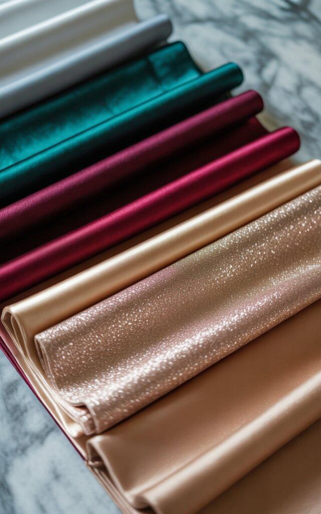 2026 prom dress color palette jewel tones emerald burgundy champagne rose gold fabric swatches