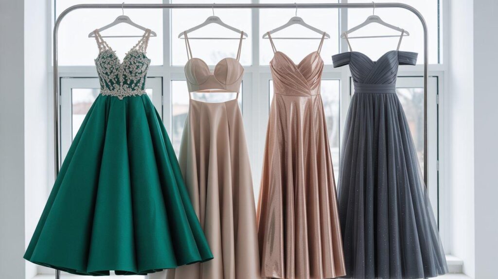 026 prom dress trends collection featuring jewel tones emerald burgundy champagne metallic styles