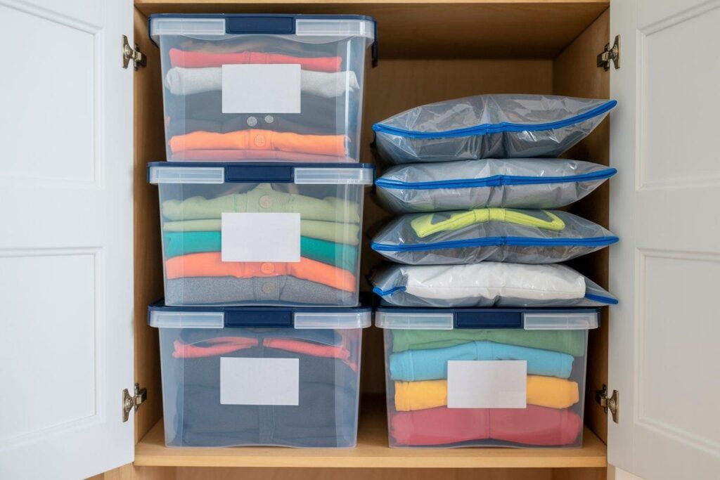 Labeled storage containers and vacuum bags for seasonal clothes organization system