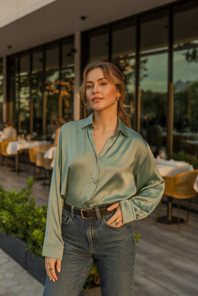 Elegant woman in sage silk blouse and high-waisted dark jeans at upscale restaurant
