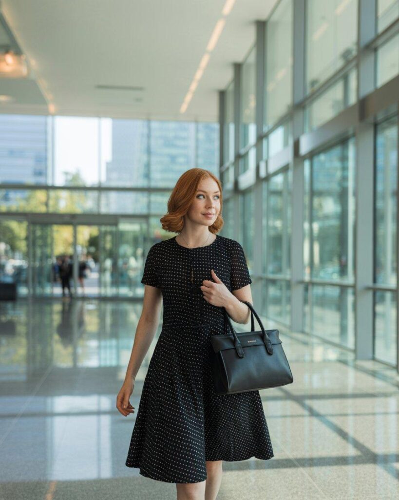 Professional woman in small polka dot black dress in modern office lobby setting
