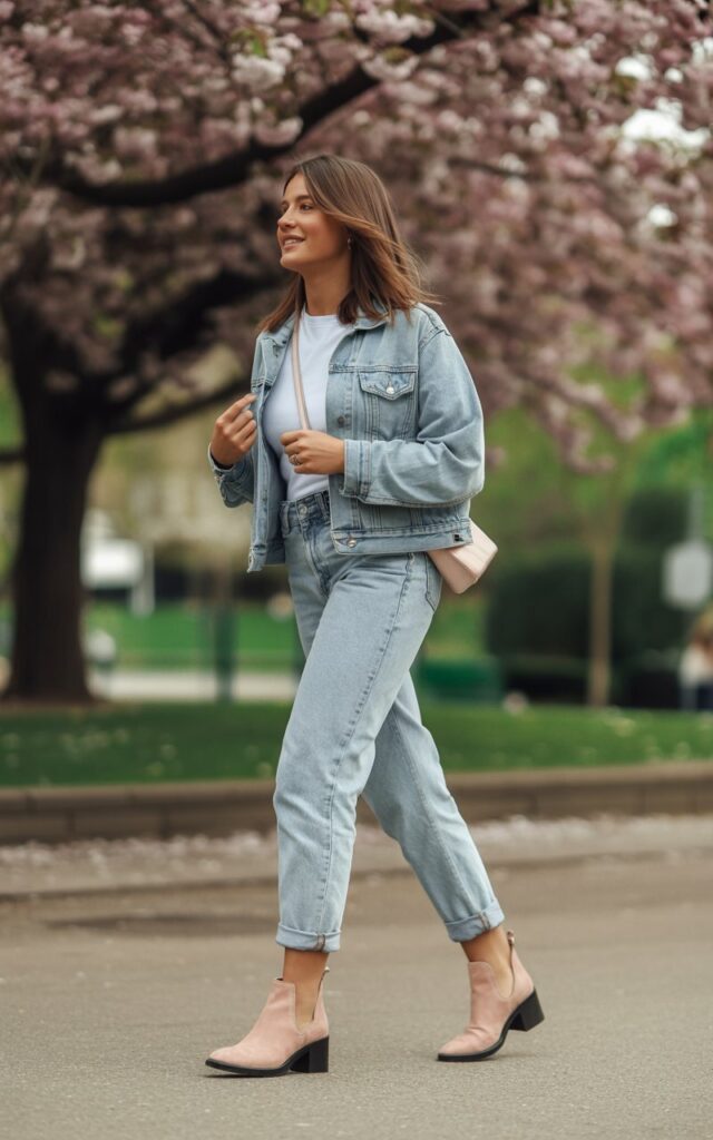 Spring jeans and boots outfit with pink ankle boots and light denim jacket