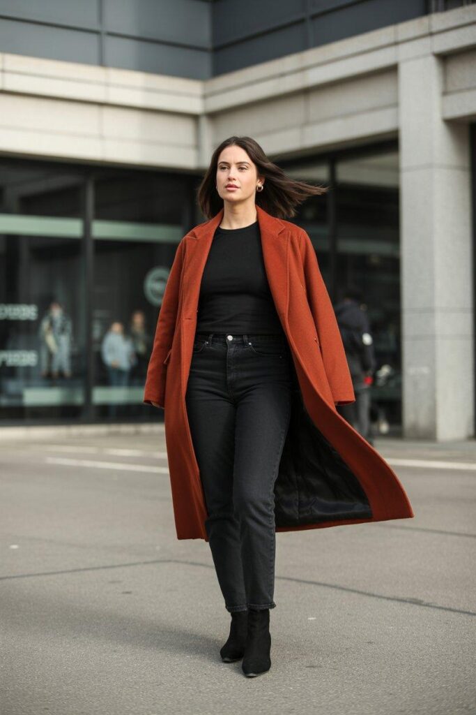 Rust-colored statement wool coat over all-black outfit for bold fall style