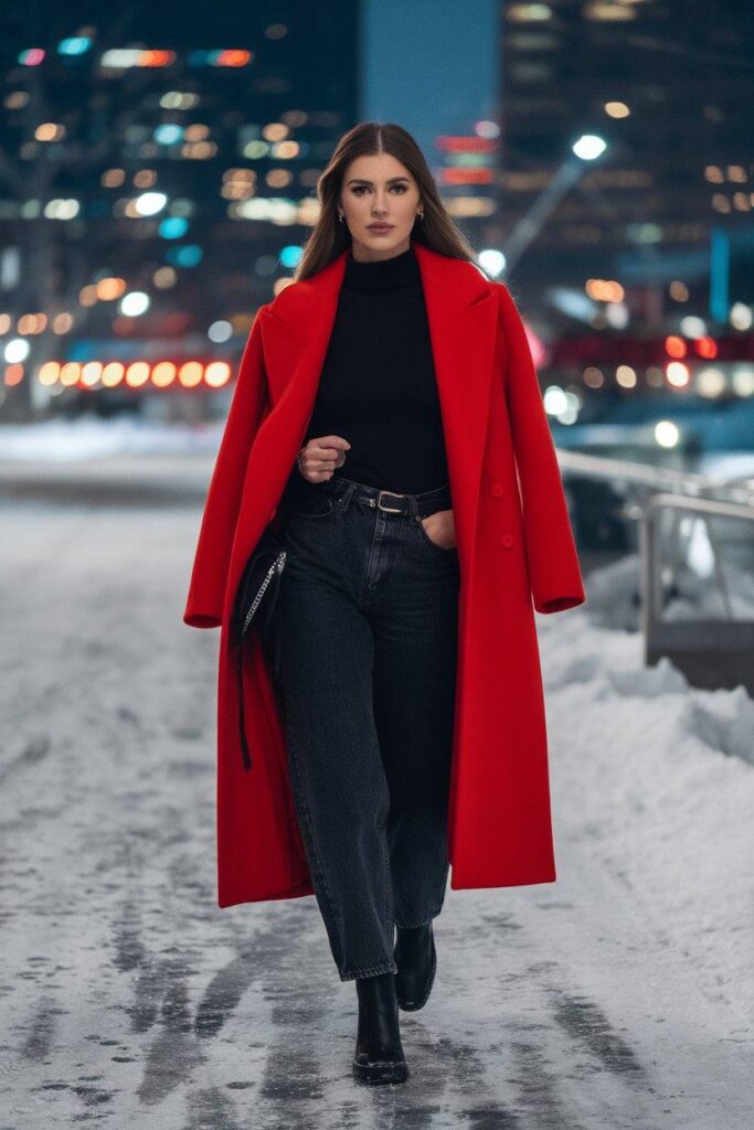 Bold winter statement coat with black turtleneck and jeans