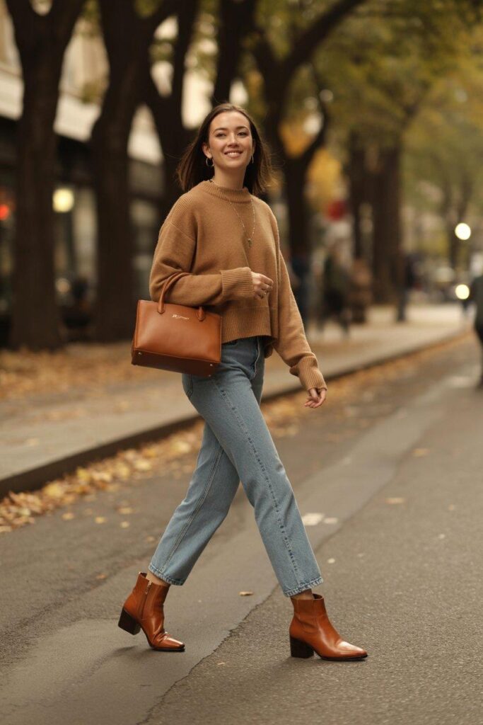 Complete straight leg jeans fall outfit coordination with camel sweater and brown accessories