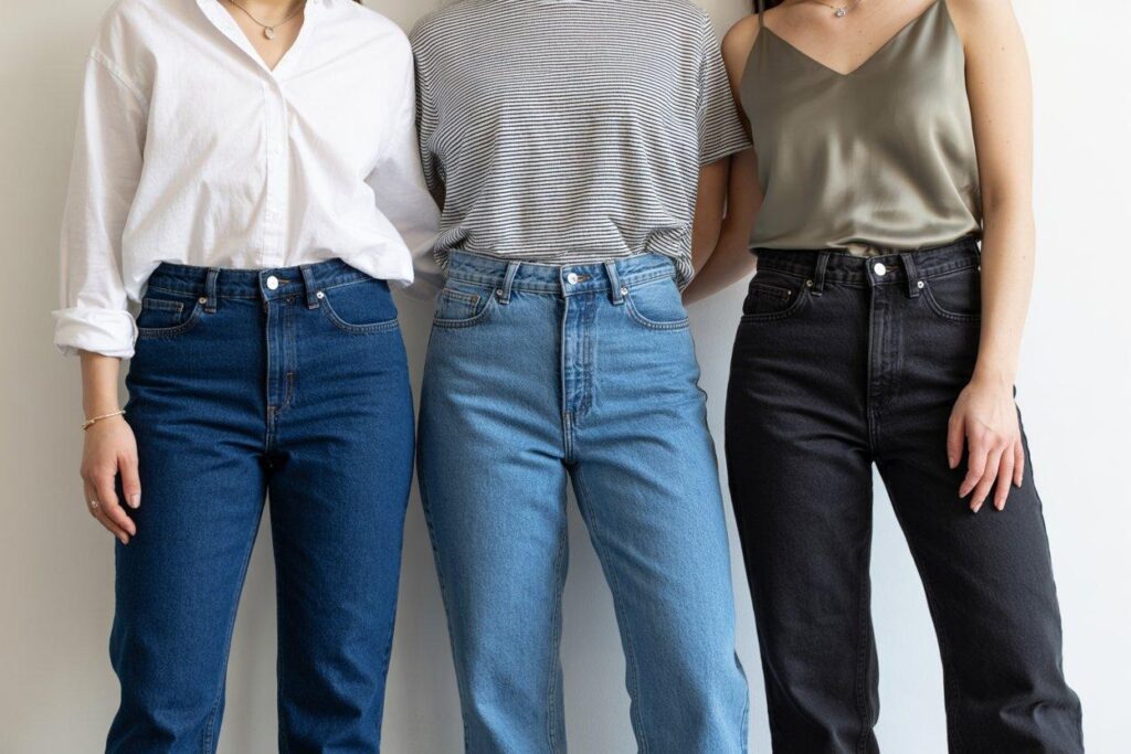 Three essential straight leg jeans washes dark indigo medium blue and black denim