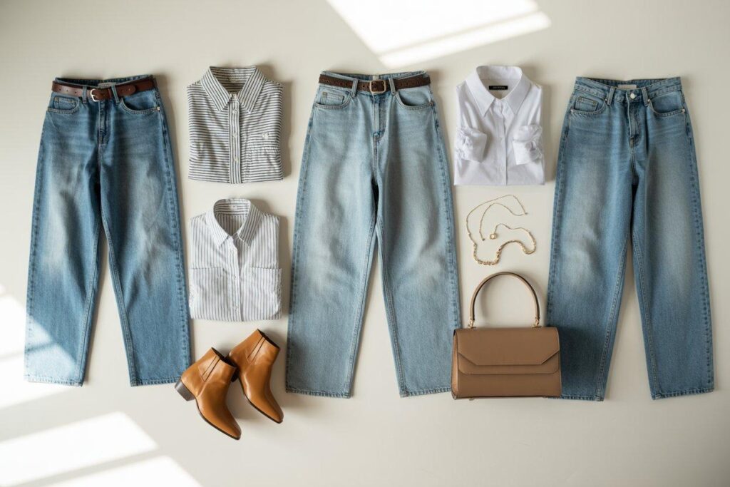 Straight leg jeans styling techniques showing different tucking methods and accessories
