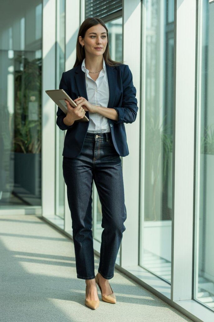 Professional straight leg jeans work outfit with navy blazer and white button-down shirt