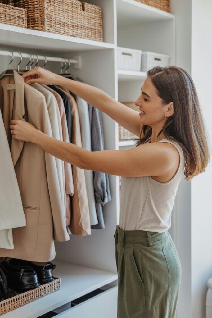 Confident woman easily selecting blazer from organized closet during stress-free morning routine