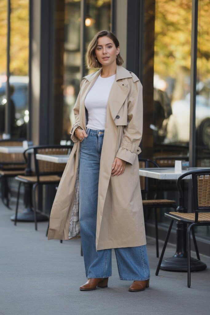 Beige trench coat worn open over casual outfit for modern fall fashion