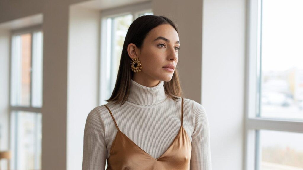 Cream turtleneck layered under camel slip dress with gold statement earrings