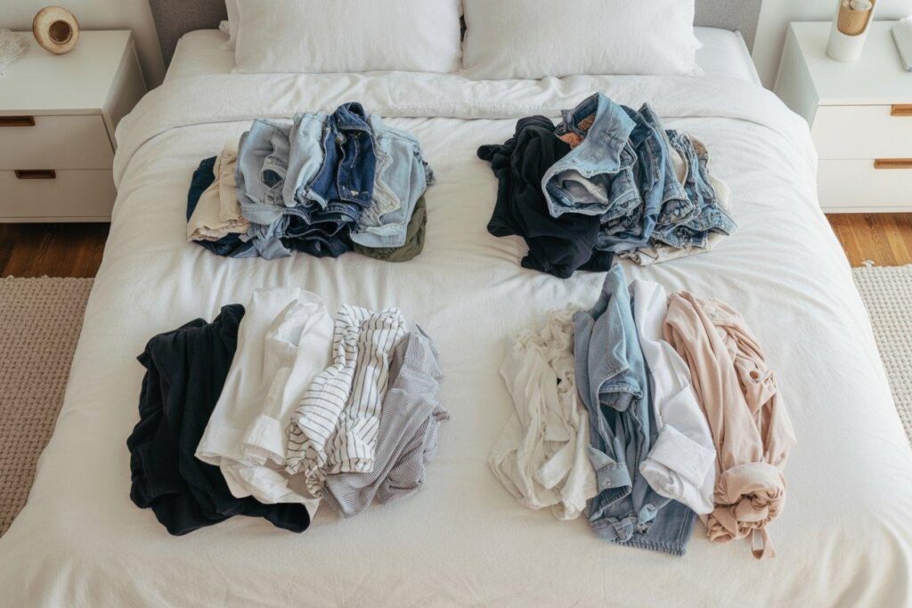 organized piles of clothes on white bed during closet decluttering audit process