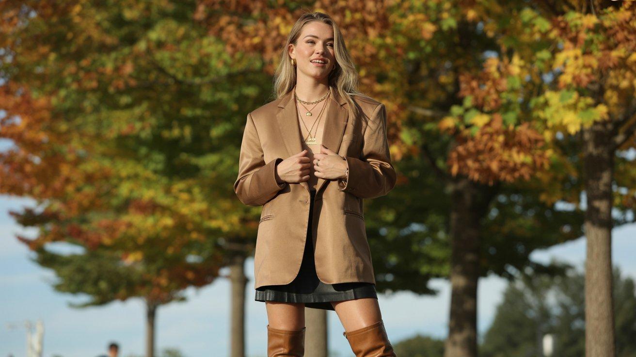 Stylish woman in oversized camel blazer and mini skirt outfit standing among autumn trees