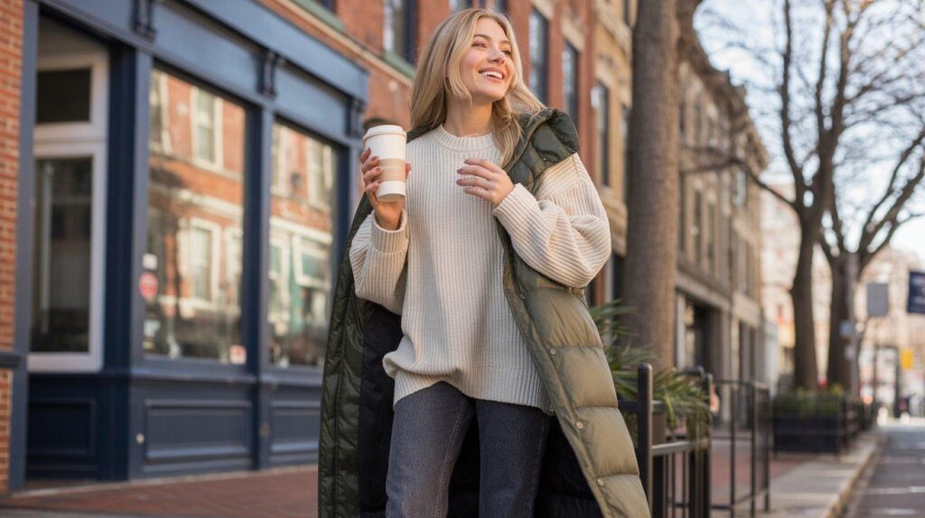 Woman in oversized cream sweater and denim showcasing comfortable weekend winter fashion style