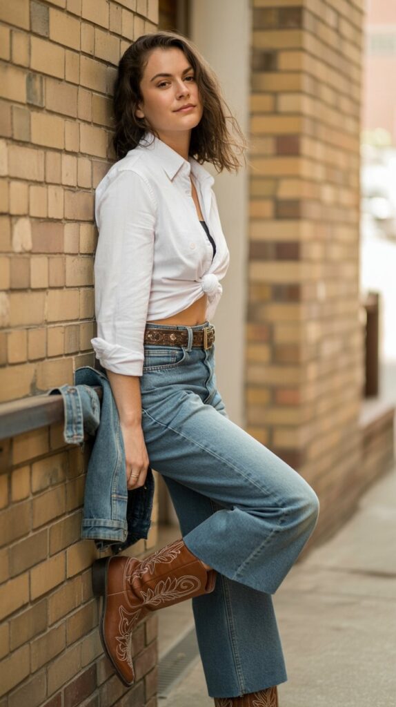 Western boots with high-waisted jeans and white shirt for trendy fall styling