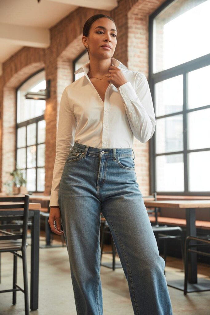 Woman in fitted white button-down and medium wash jeans at modern coffee shop