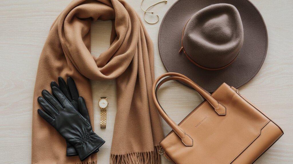 Winter fashion accessories flat lay with cashmere scarf, leather gloves, and wool hat styling essentials
