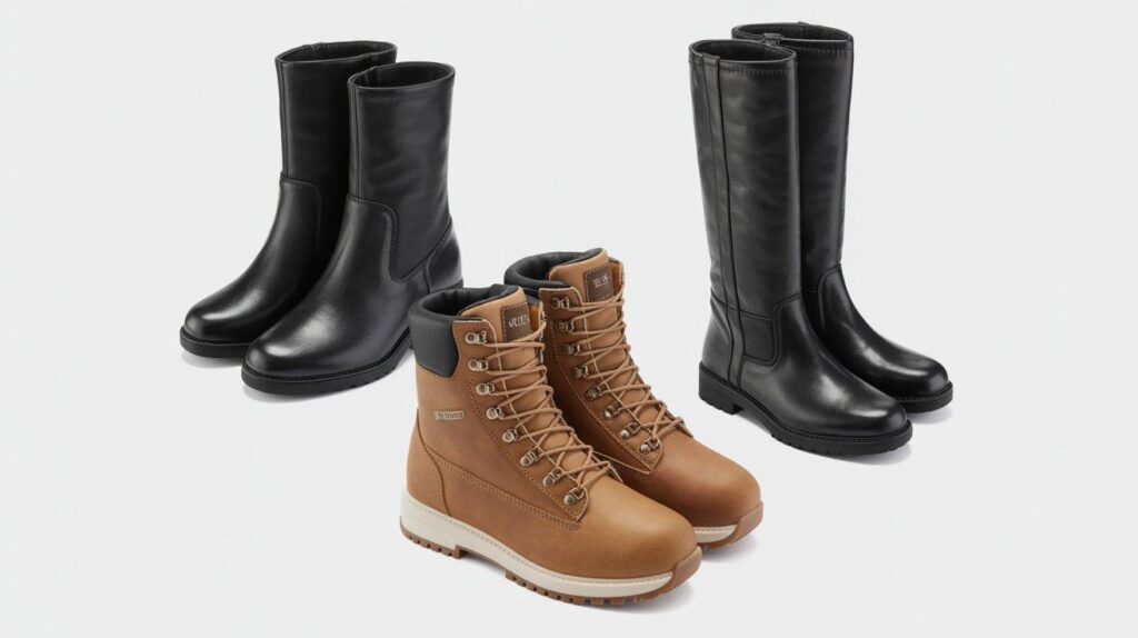 Three essential winter boot styles - ankle boots, weatherproof boots, and knee-high boots for versatile styling