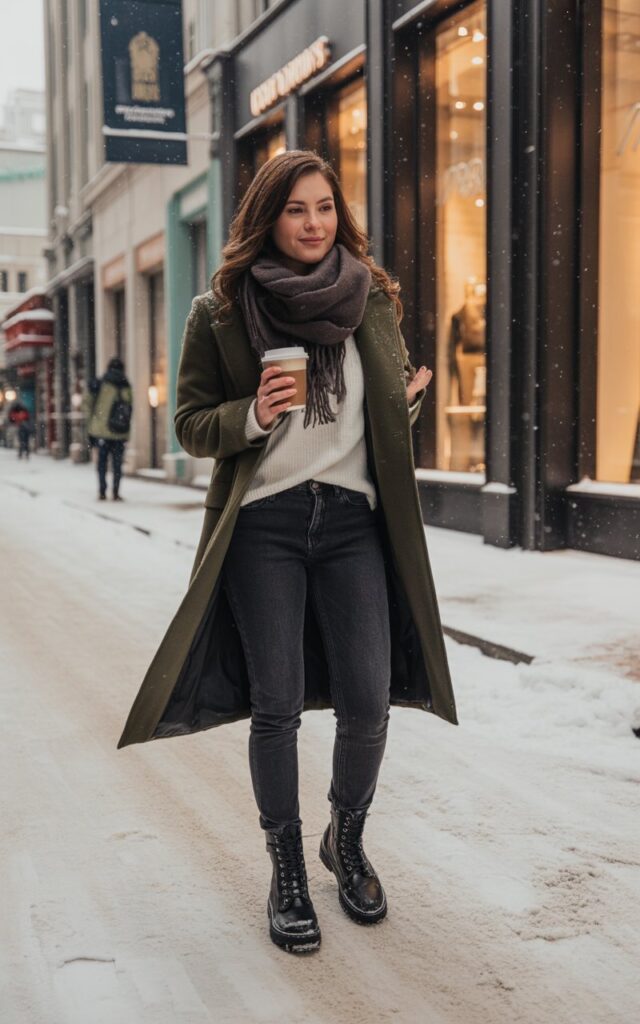 Winter jeans and combat boots outfit with long coat and scarf in snowy setting