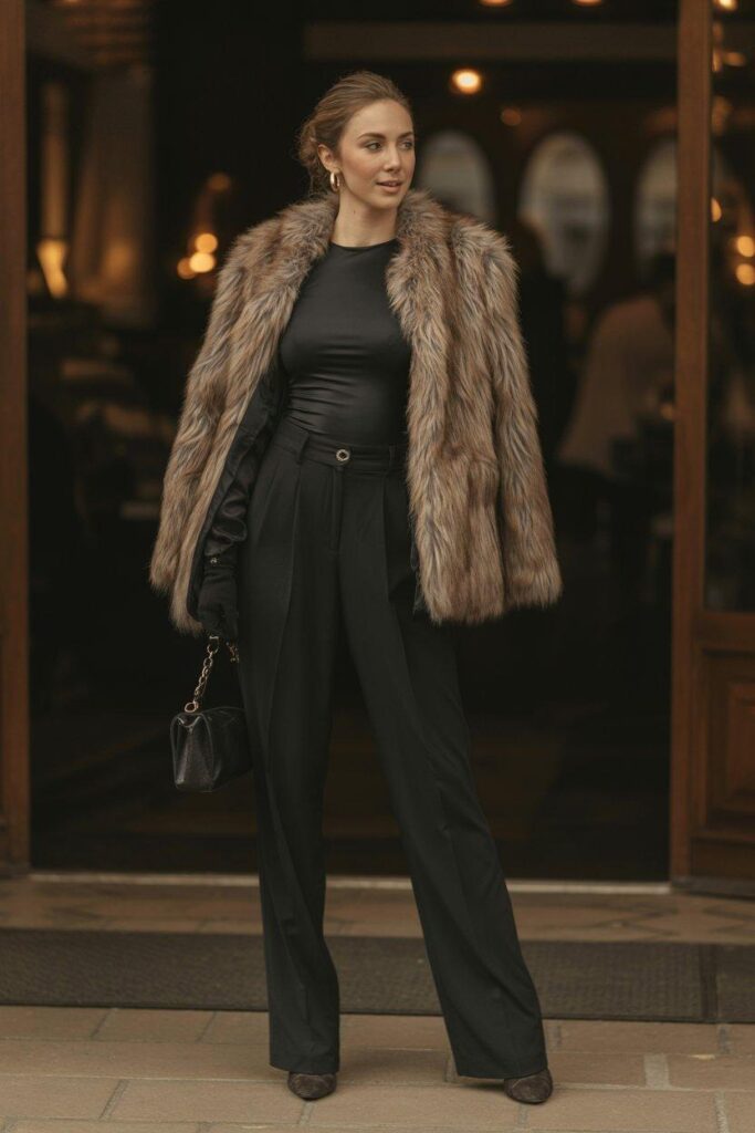 Elegant woman in black bodysuit and faux fur coat displaying sophisticated winter date night outfit