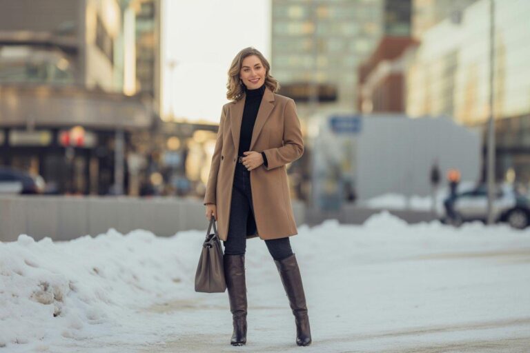Stylish woman in camel wool coat and black turtleneck showcasing chic winter street style outfit