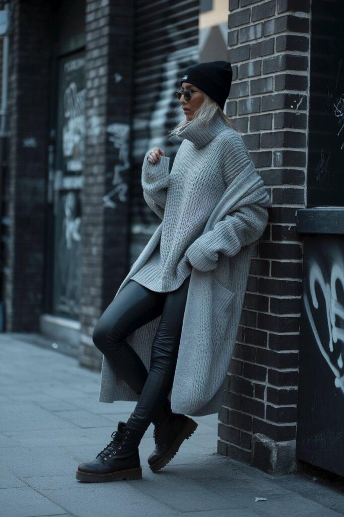 Winter street style with turtleneck sweater, leggings, and combat boots