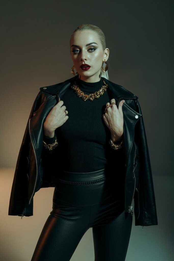 Studio portrait of woman in all-black leggings outfit with gold jewelry