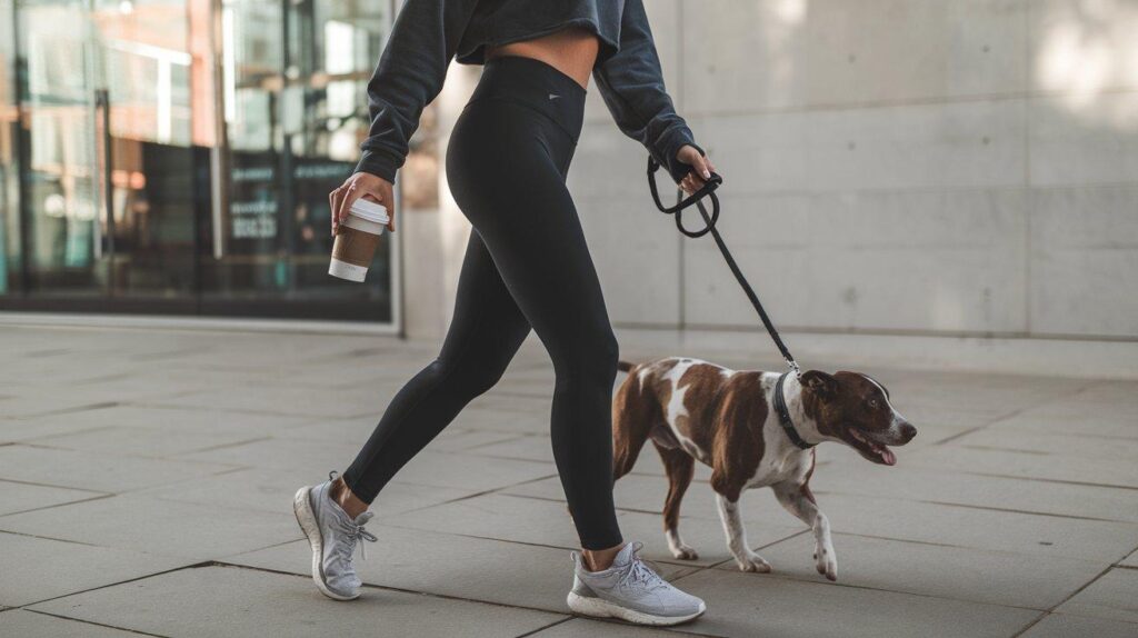Person in athleisure outfit walking dog with coffee in hand, embodying casual sporty style