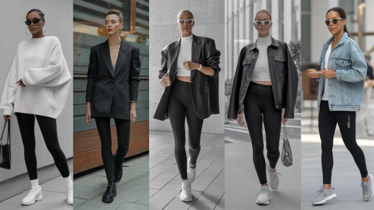 A collage of women styling black leggings in chic outfits, from casual to dressy.
