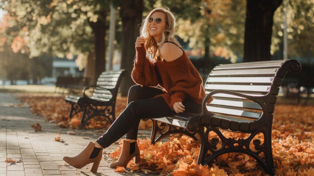 Woman wearing black leggings with an oversized knit sweater and ankle boots in a fall park setting