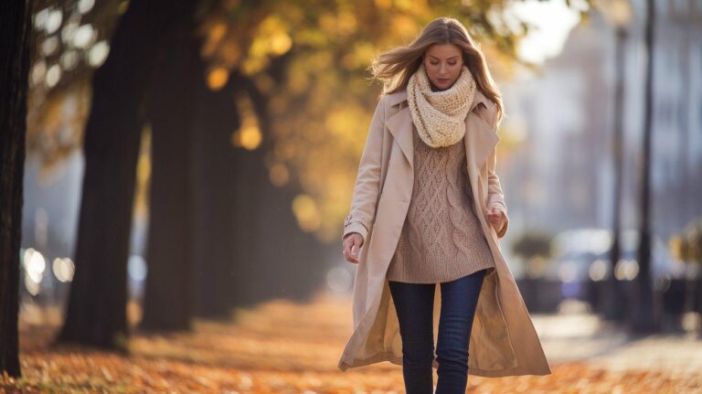 Woman wearing beige trench coat and knit sweater in autumn park, cozy fall neutrals outfit.