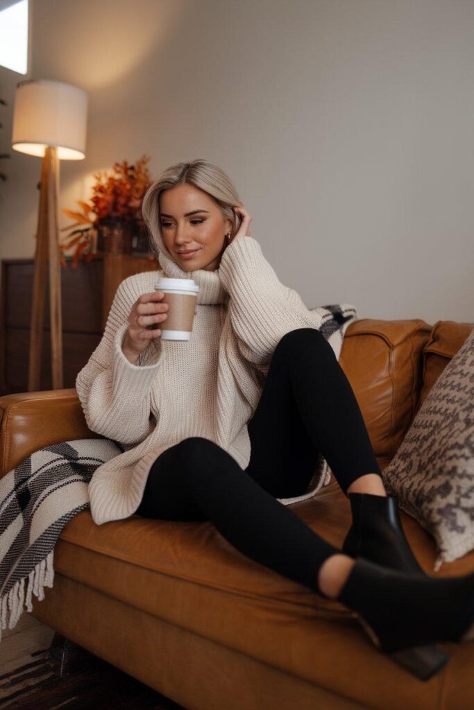 Woman wearing black leggings and an oversized sweater, sipping coffee in a cozy living room