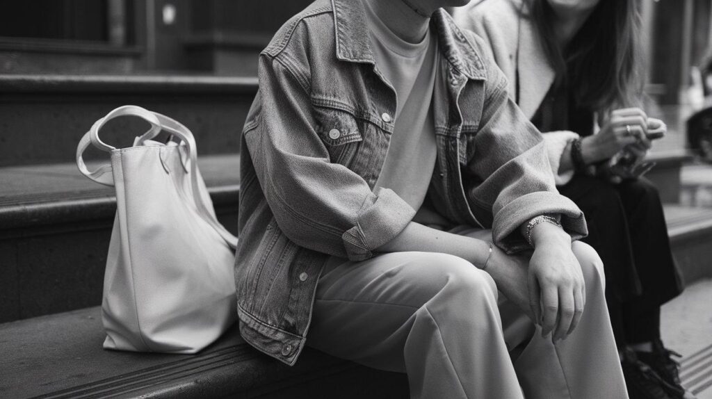 Person in a denim jacket laughing on city steps, highlighting casual layering style