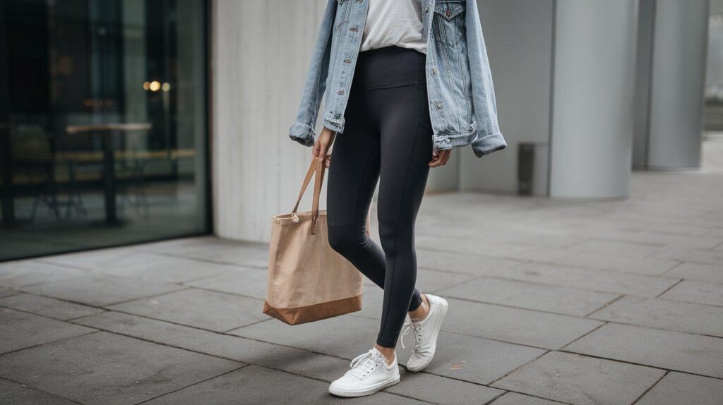 Casual woman in leggings, white tee and denim jacket holding a tote bag on a city sidewalk