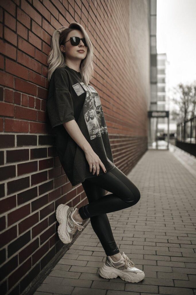 Woman leaning on a brick wall wearing faux leather leggings and a vintage band tee