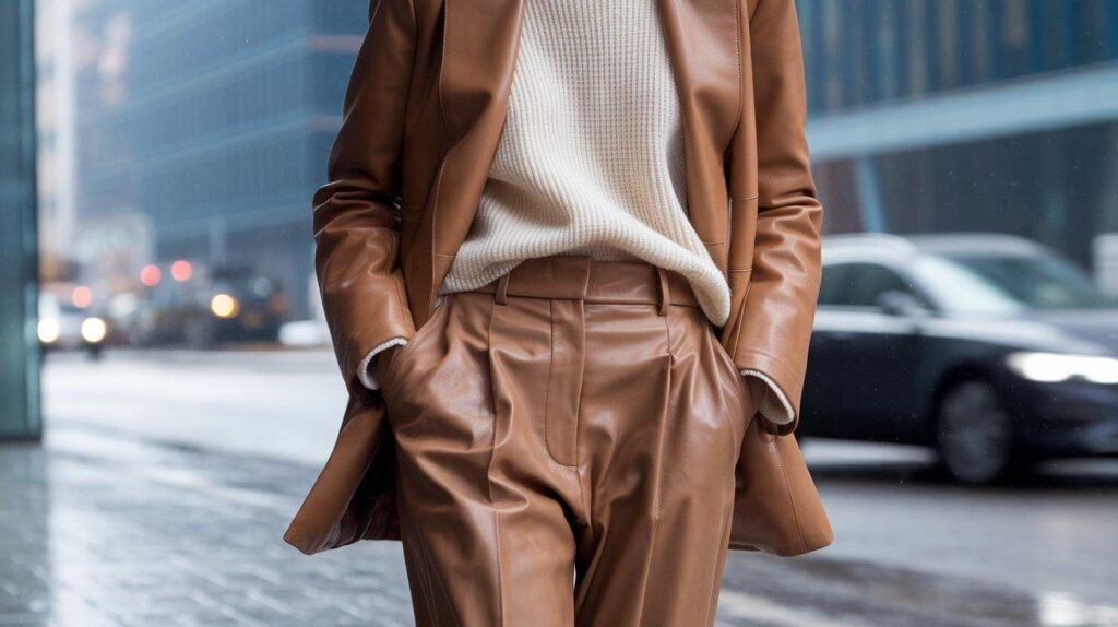 Person wearing soft brown leather blazer and tailored leather pants in snowy city.